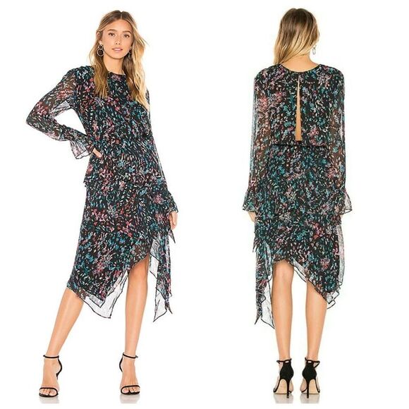 Iro Floral Asymmetrical Hem Long Sleeves Black Dress Size 38/Medium - Picture 2 of 12